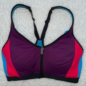 VSX SPORT sports bra zip color block purple blue red high support gym yoga 34C